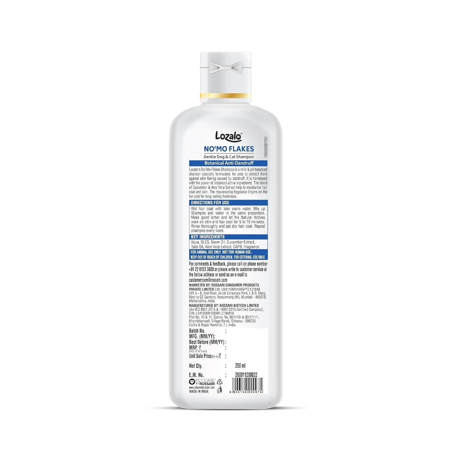 Lozalo Botanical No'mo Flakes Anti Dandruff Pet Shampoo, Anti Dandruff Shampoo for Dogs & Cats of All Breeds,Natural Shampoo with Cucumber & Aloe Vera Extract, Paraben Free