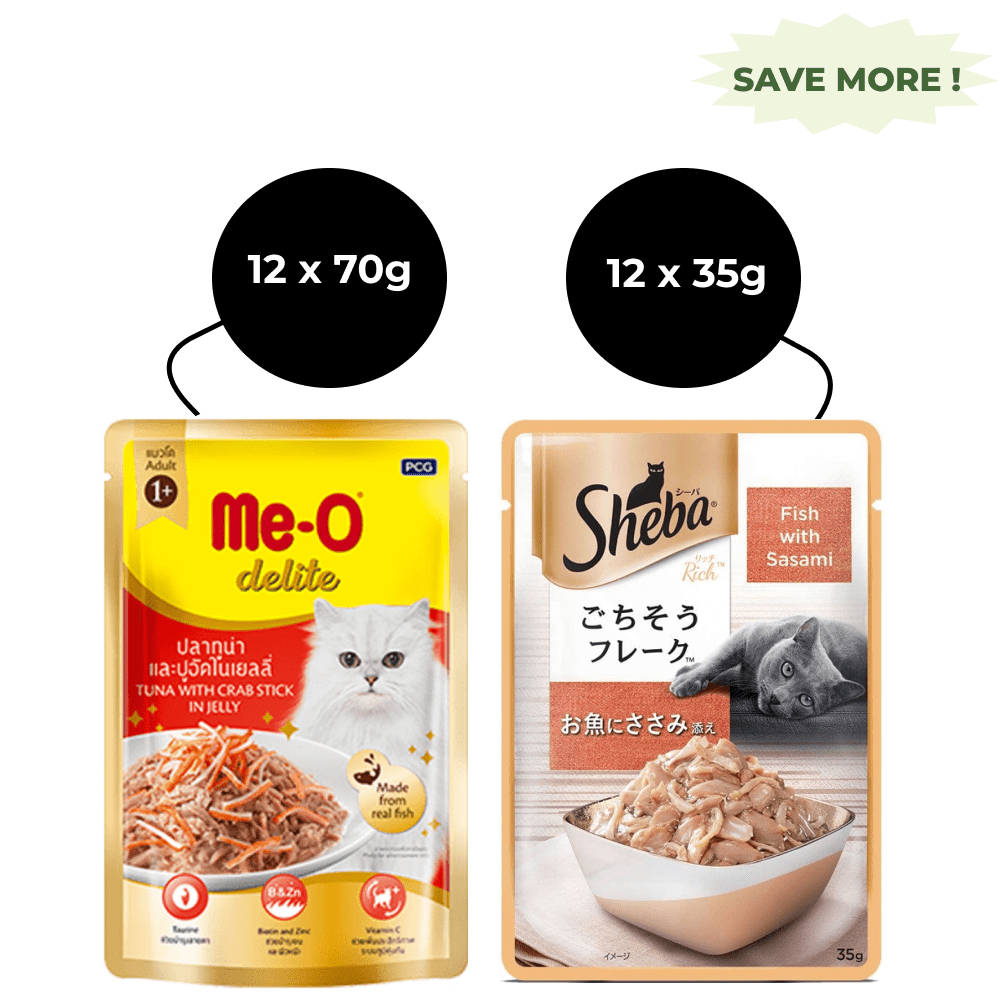 Me O Delite Tuna with Crab Sticks in Jelly and Sheba Fish with Sasami Premium Cat Wet Food Combo