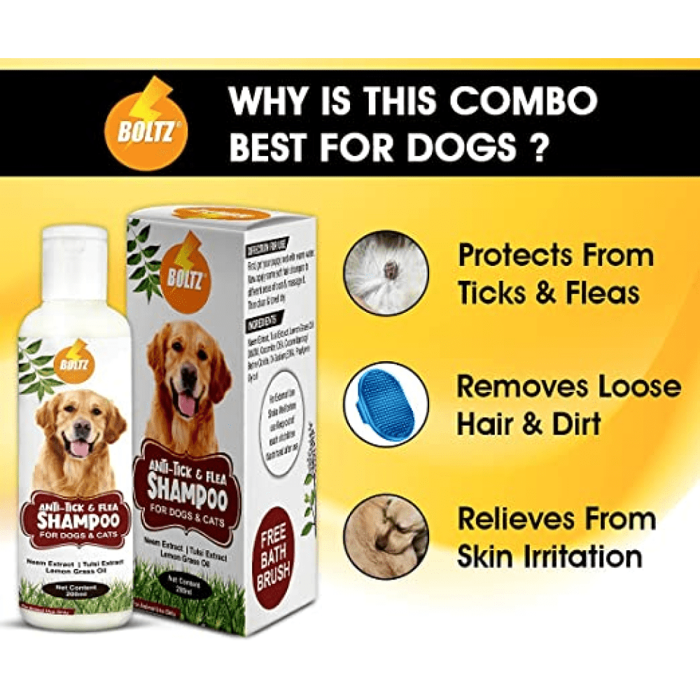 Boltz Anti Tick & Flea Shampoo with Brush for Dogs