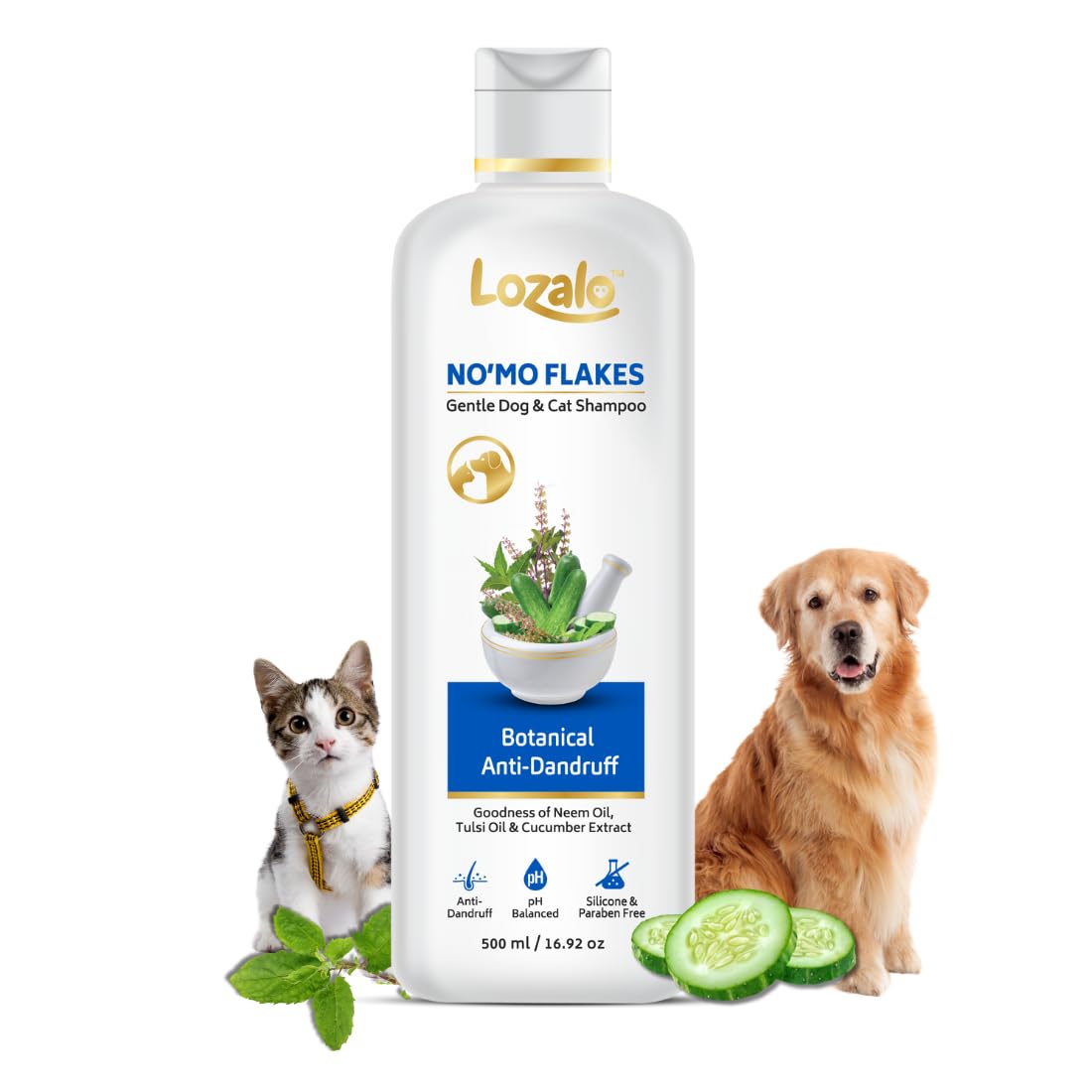 Lozalo Botanical No'mo Flakes Anti Dandruff Pet Shampoo, Anti Dandruff Shampoo for Dogs & Cats of All Breeds,Natural Shampoo with Cucumber & Aloe Vera Extract, Paraben Free
