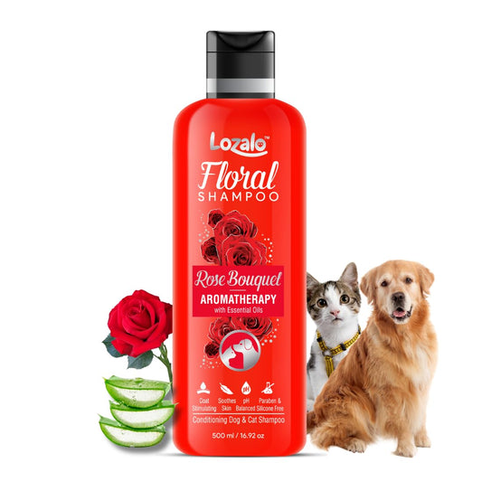 Lozalo Floral Aromatherapy Pet Conditioning Shampoo, Rose Fragrance, Coat Cleansing, Odour Control Shampoo for Dogs & Cats, with Aloe Vera Extract and Cinnamon Oil to Promote Healthy Skin