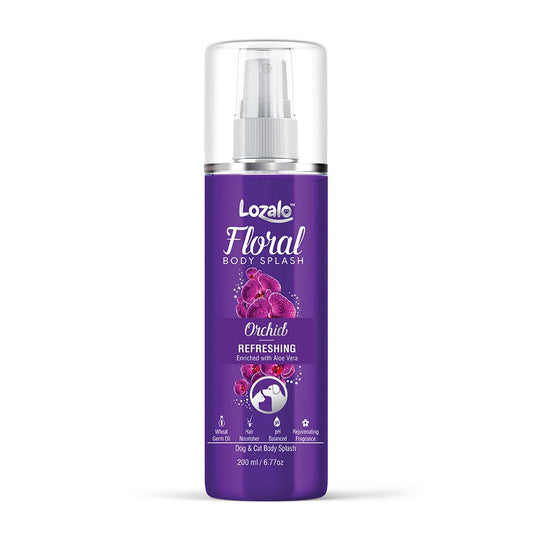 Lozalo Floral Dog Perfume Spray - 200 ml, Orchid, Deodorizing Long Lasting Fragrance Spray for Dogs & Cats, Odour Eliminator, Grooming Essential Pet Perfume, with Aloe Vera Extract & Wheat Germ Oil
