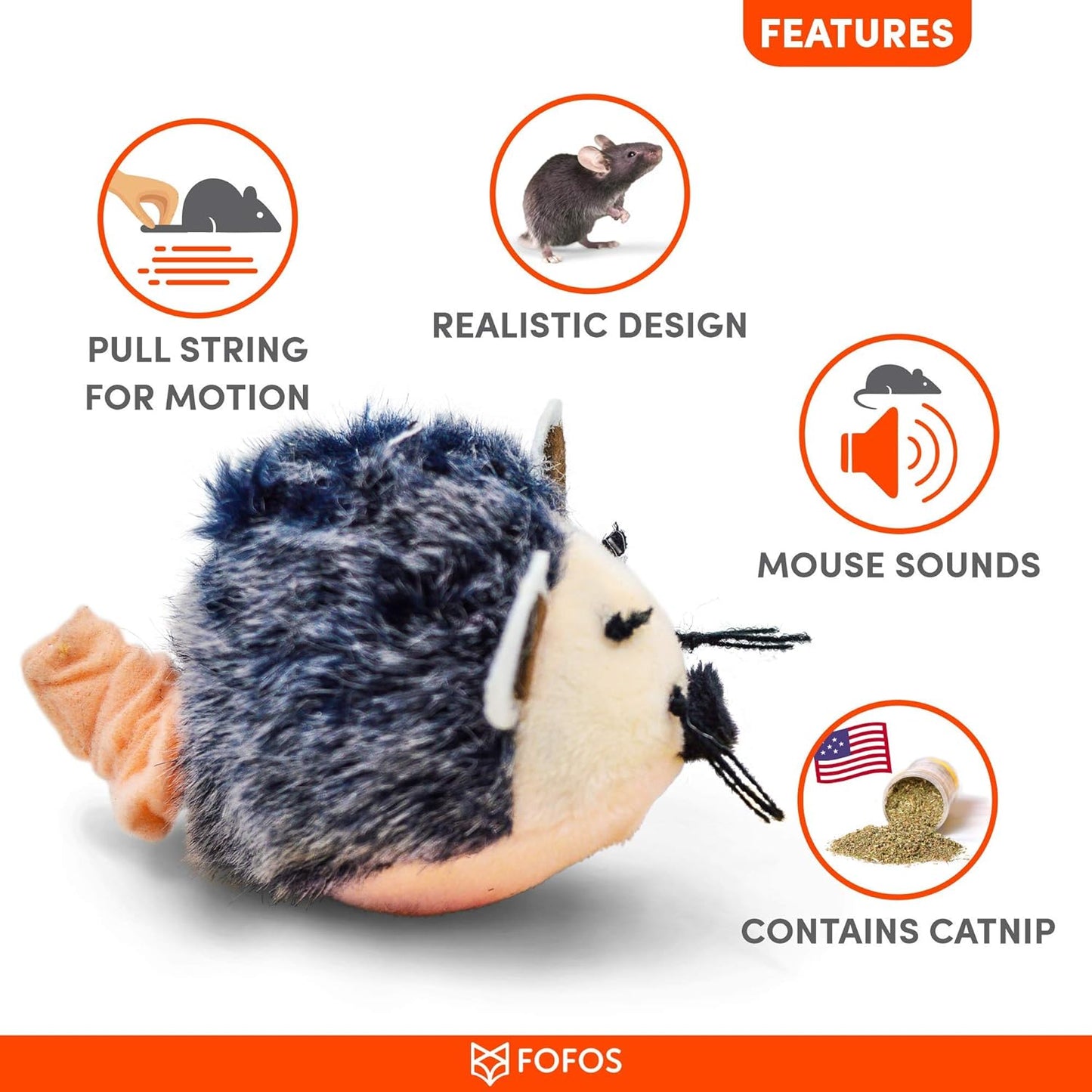 Fofos Pull String & Sound Chip Mouse Electronic Cat Toy for All Cat&Kitten Breeds
