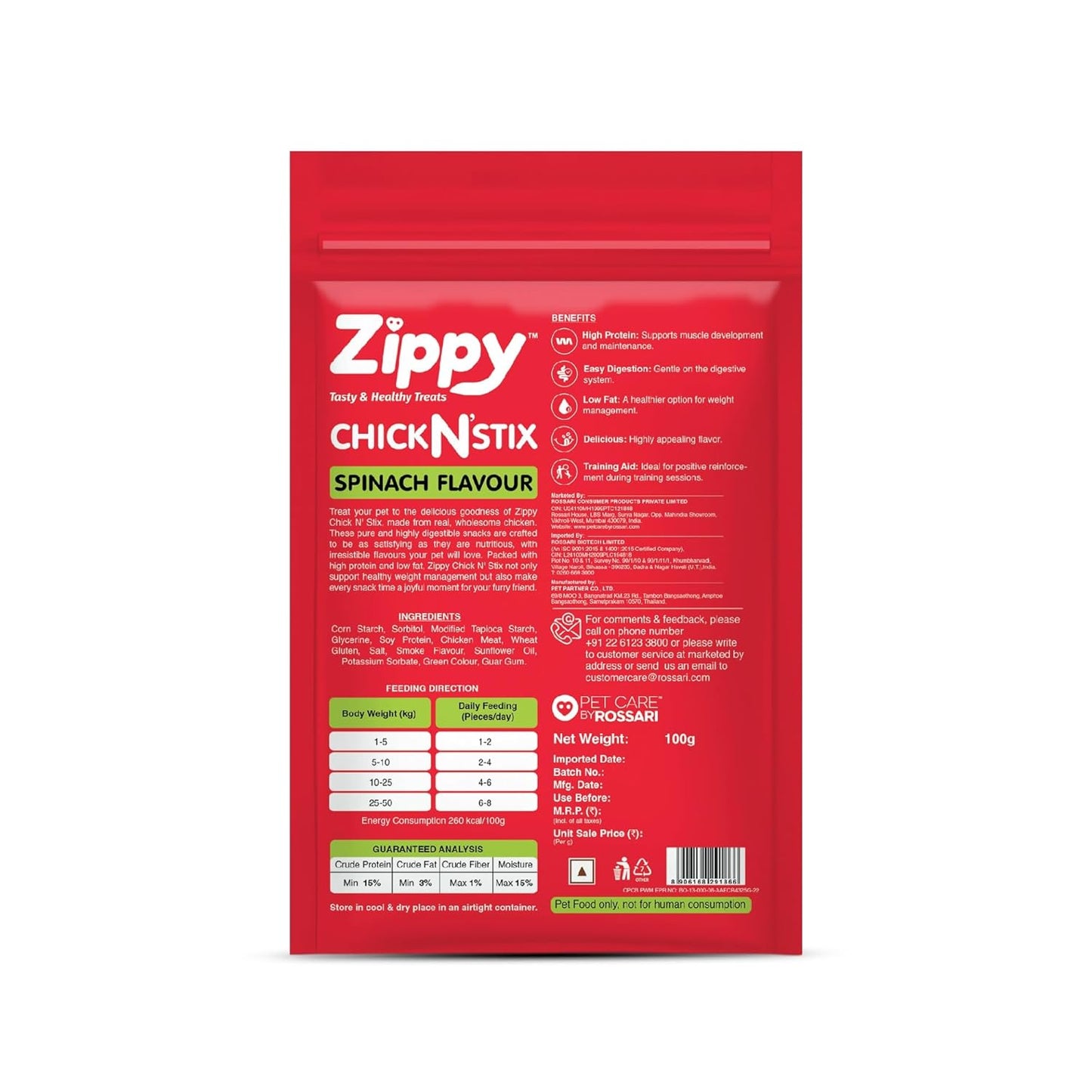 Zippy Chicken Stix Dog Treats for Dog, Spinach Flavor 100g