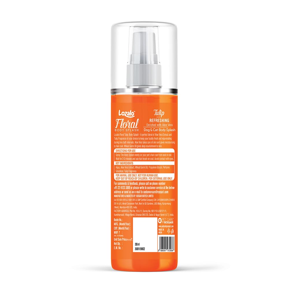Lozalo Floral Pet Perfume Spray - 200 ml, Tulip, Deodorizing Long Lasting Natural Body Fragrance Dog Perfume Fresh Coat Spray for Dogs & Cats of All Breeds, with Aloe Vera Extract & Wheat Germ Oil
