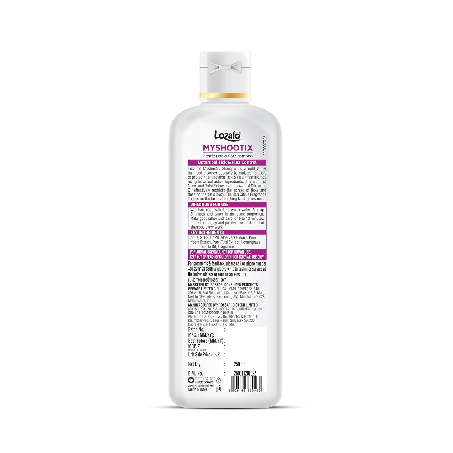 Lozalo Botanical My Shootix Anti Tick Pet Shampoo, Tick and Flea Control Shampoo for Dogs & Cats of All Breeds, with Neem, Citronella & Tulsi Extract, Paraben Free