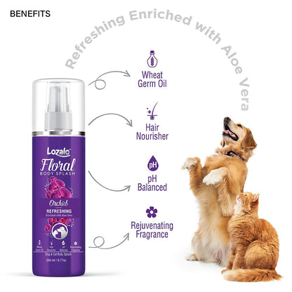 Lozalo Floral Dog Perfume Spray - 200 ml, Orchid, Deodorizing Long Lasting Fragrance Spray for Dogs & Cats, Odour Eliminator, Grooming Essential Pet Perfume, with Aloe Vera Extract & Wheat Germ Oil