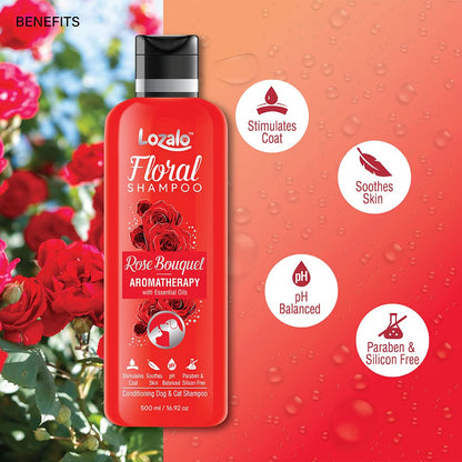 Lozalo Floral Aromatherapy Pet Conditioning Shampoo, Rose Fragrance, Coat Cleansing, Odour Control Shampoo for Dogs & Cats, with Aloe Vera Extract and Cinnamon Oil to Promote Healthy Skin