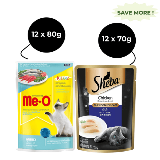 Me O Tuna & Sardine in Jelly Kitten and Sheba Chicken Loaf Rich Premium Adult Fine Cat Wet Food Combo