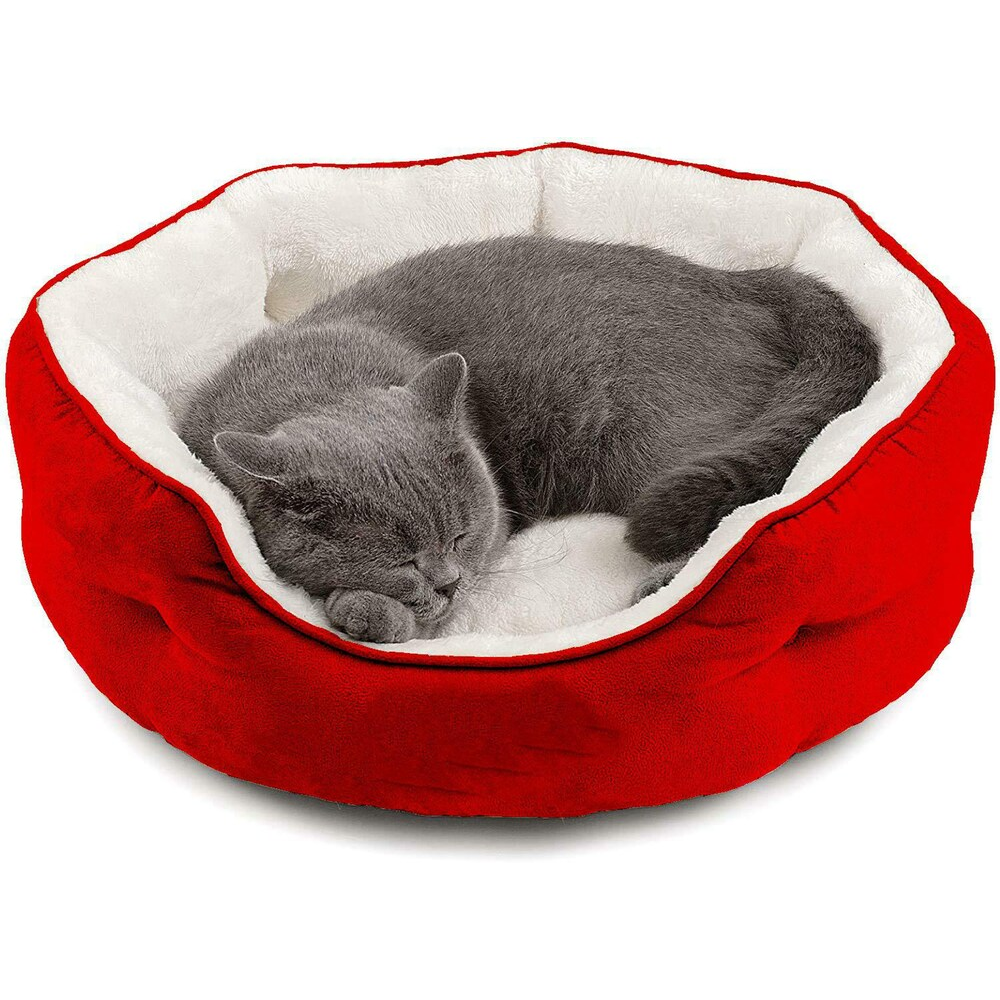 Fluffy's Pawsome Round Washable Bed for Dogs and Cats (Red)