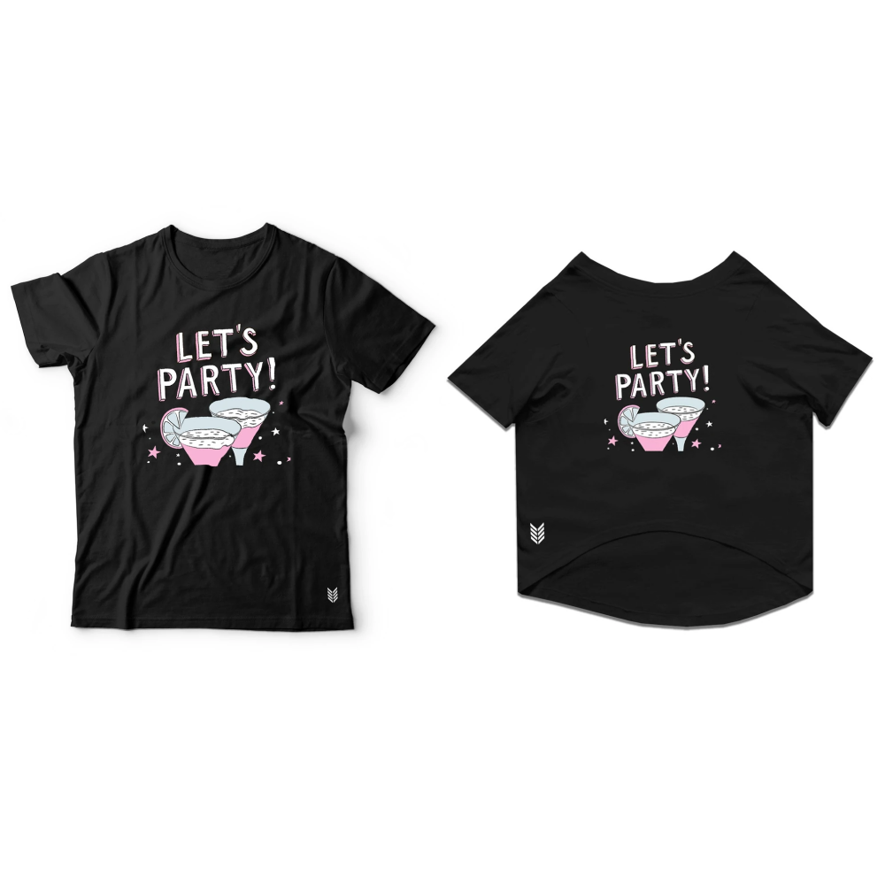 Ruse "Let's Party" Printed Half Sleeves Unisex T Shirt for Dogs and Pet Parents (Black)