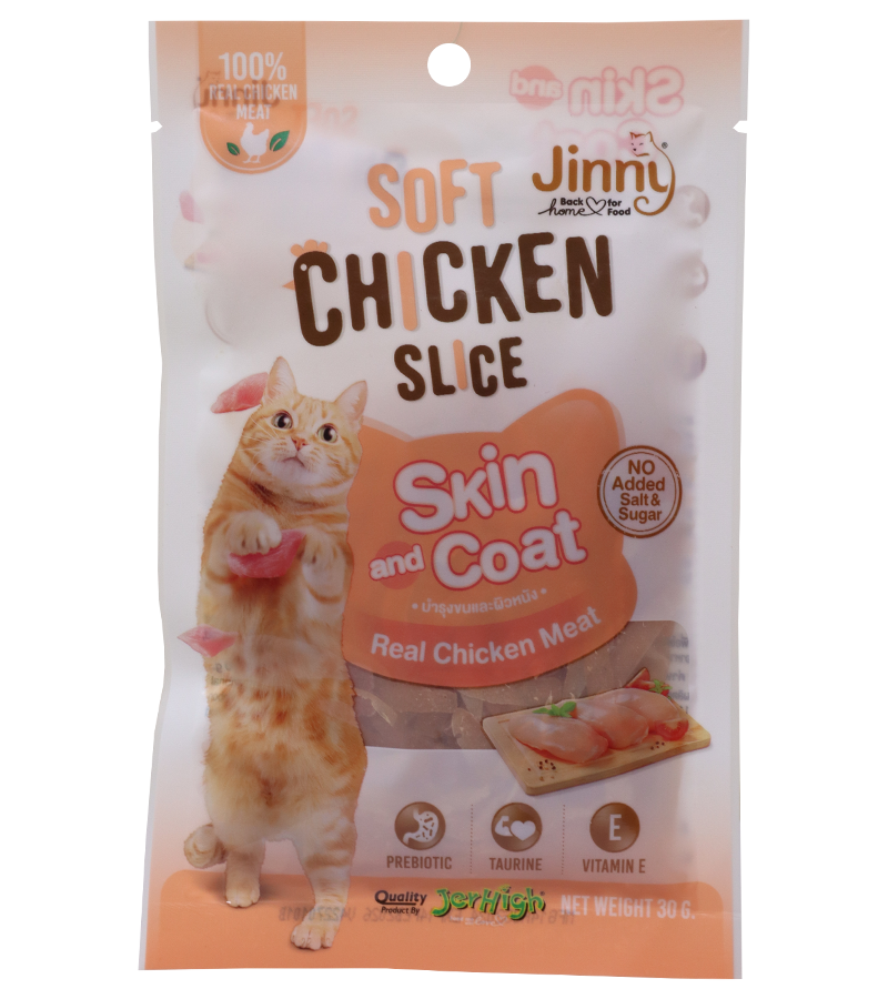 Jinny Soft Chicken Slice Cat Treats Chicken Meat, Skin and Coat Health, Prebiotic, Taurine, Vitamin E, No Added Salt & Sugar, with Chicken Flavour 30g