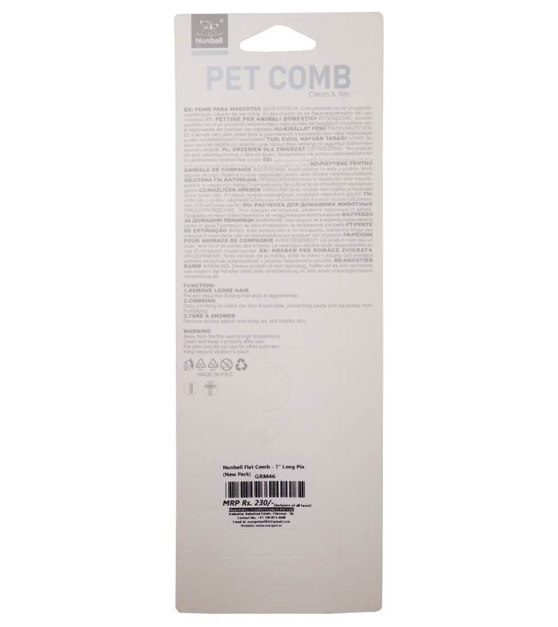 Nunbell Flat Comb - 7" Long Pin for Dogs and Cats