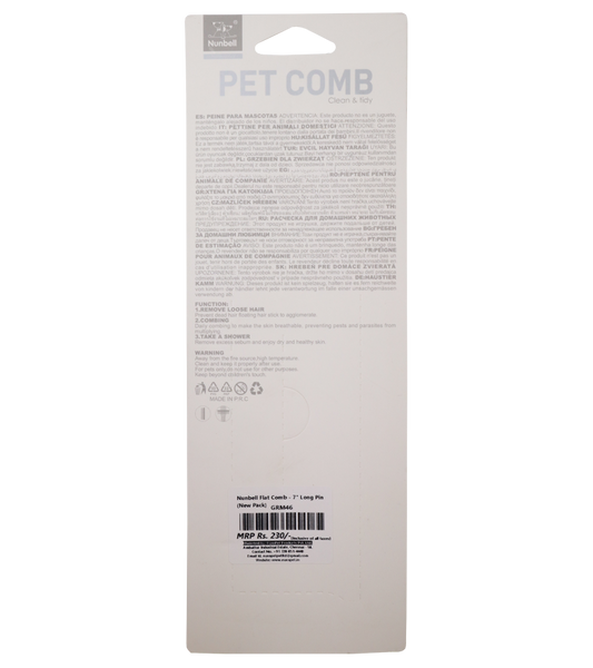 Nunbell Flat Comb - 7" Long Pin for Dogs and Cats