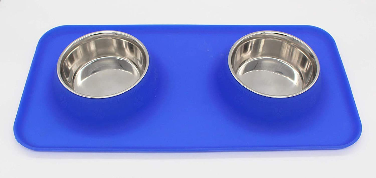 Silicone Double Diner Bowl with Stainless Steel Inserts For Dogs And Cats