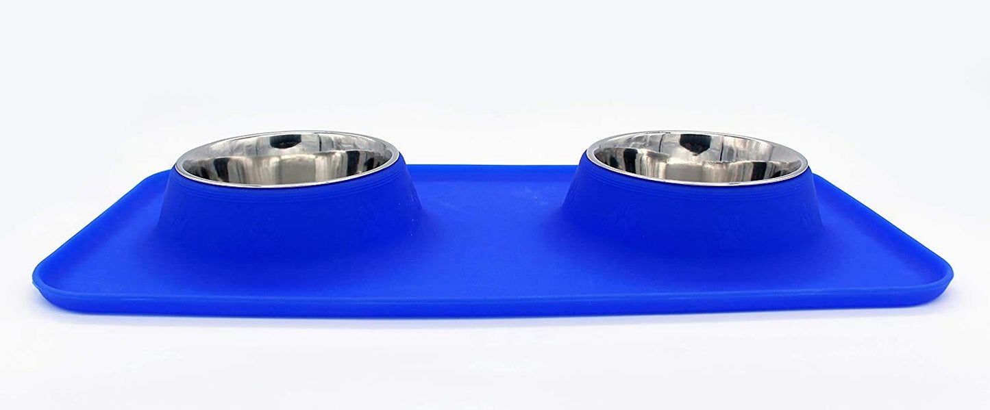 Silicone Double Diner Bowl with Stainless Steel Inserts For Dogs And Cats