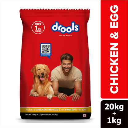 Buy Drools Chicken and Egg Adult Dog Dry Food 20 kg pack plus 1 kg free online at Supertails