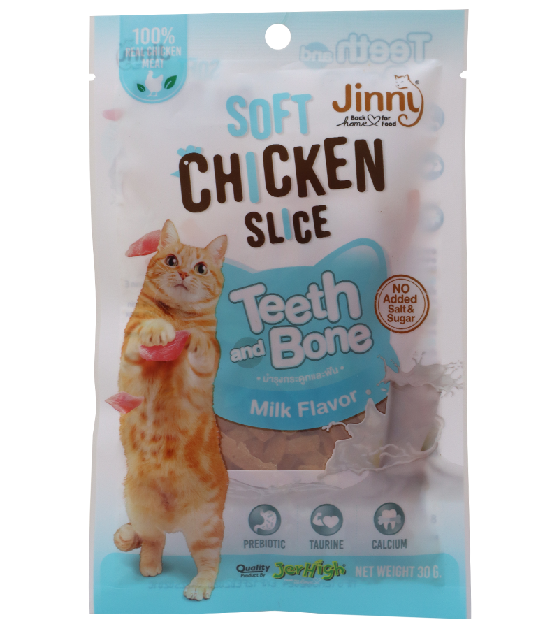 Jinny Soft Chicken Slice Cat Treats Chicken Meat, Teeth & Bone Support, Milk Flavor, Prebiotic, Taurine, Calcium, No Added Salt & Sugar, 30g
